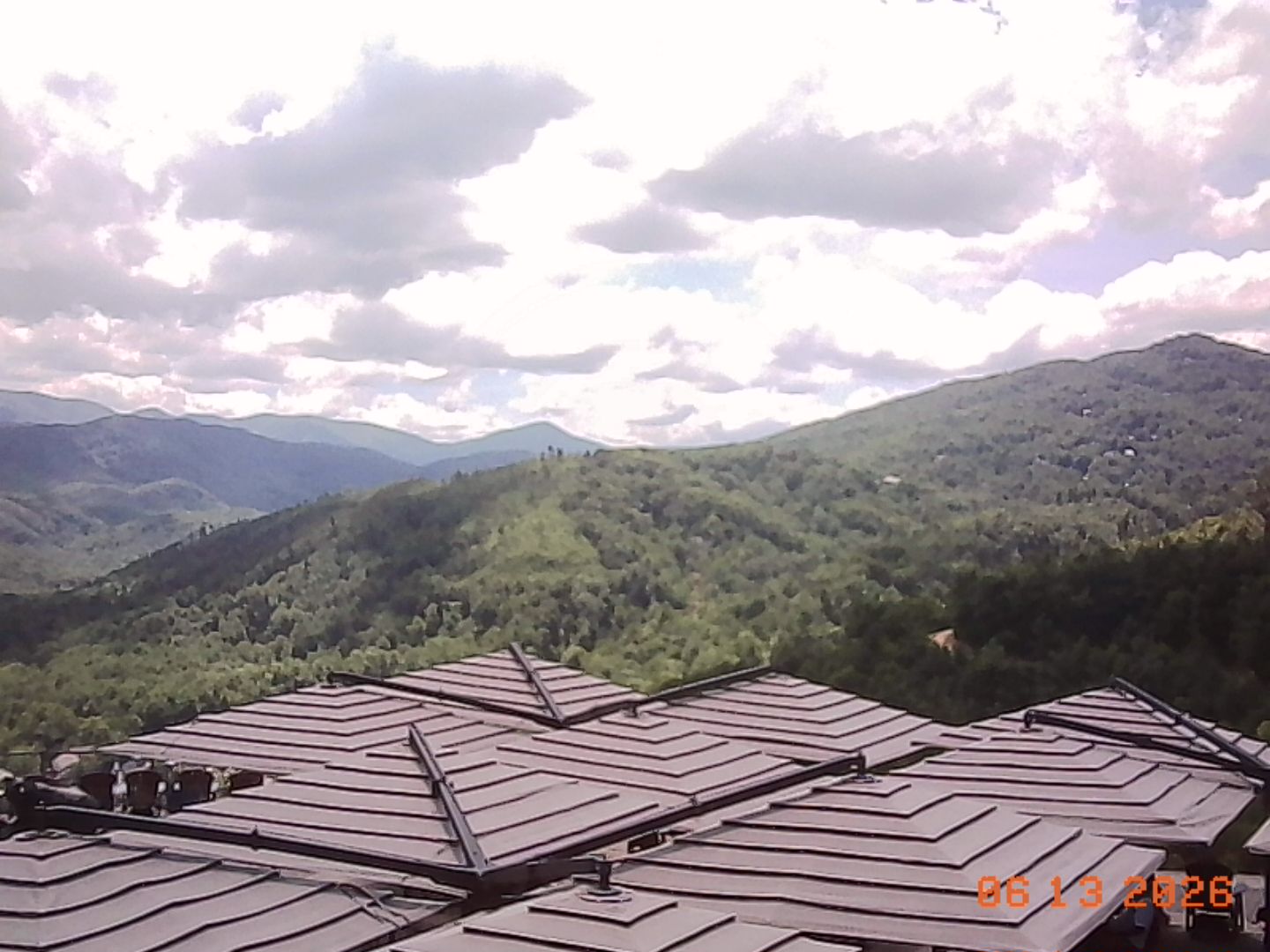 View over the Smoky Mountains from a mountaintop restaurant deck
