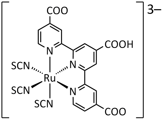 Molecular structure of the ruthenium terpyridyl tris-thiocyanate black dye, N749