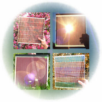 Photograph of experimental dye-sensitized solar cell modules in several colors